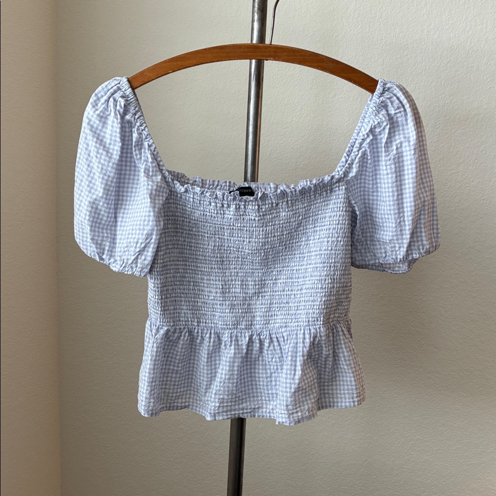 J. Crew sz S purple white gingham puff sleeve prairie core cottage peasant BBQ
